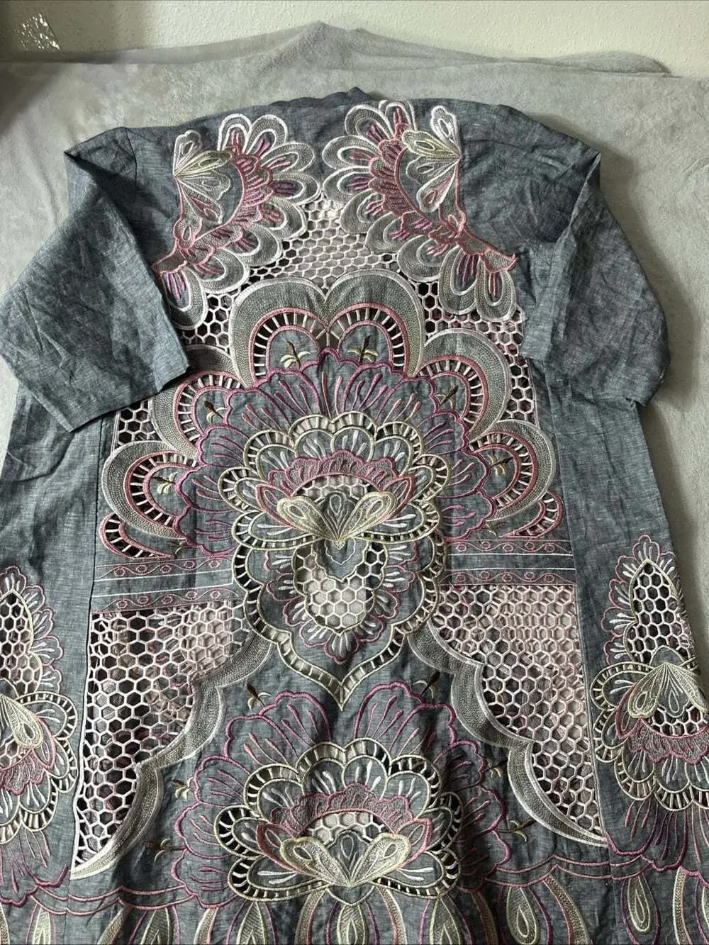 Chico’s Novelty Kimono L/XL Petite Linen Blend Scallop Embroidered Jacket NWT